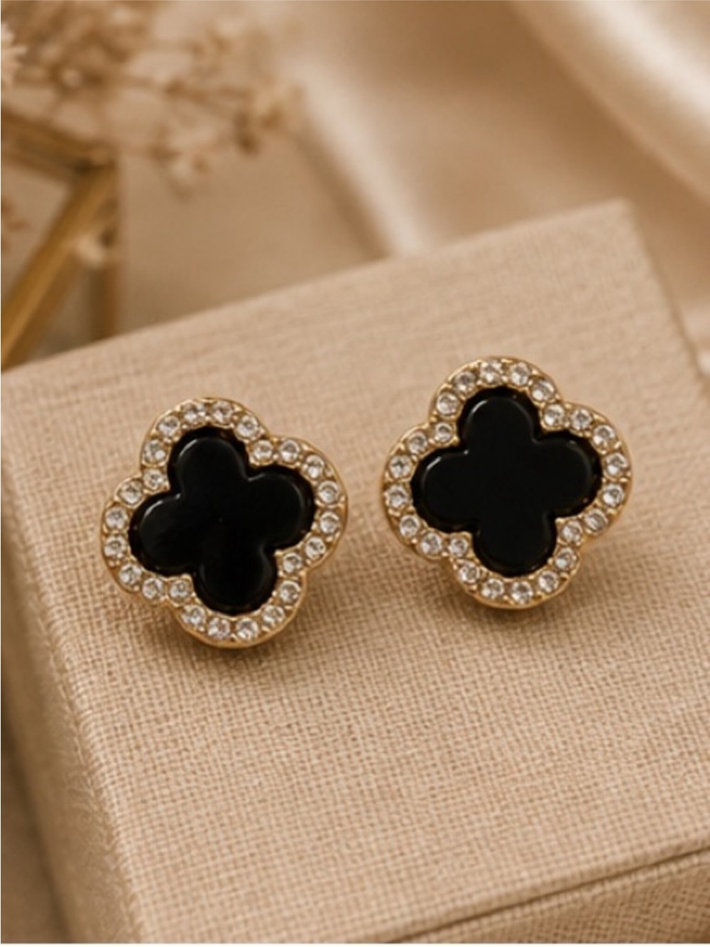 Designer Inspired Black Clover Rhinestone Halo Gold Tone Stud Earrings